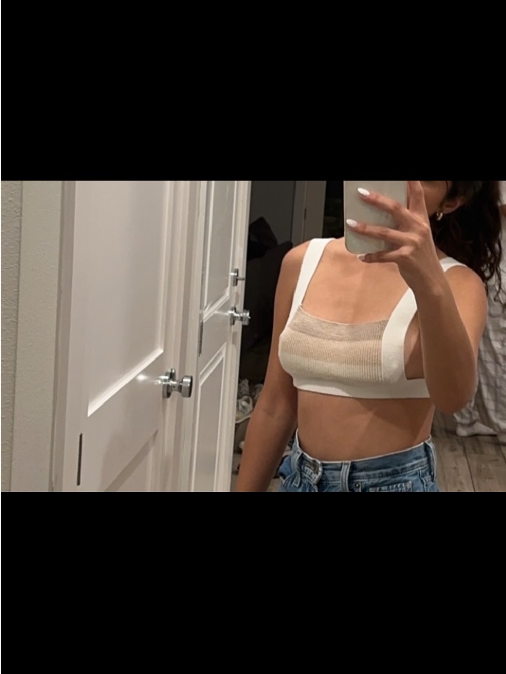 SHEIN Cream and White Ribbed Square Neck Crop Tank Top